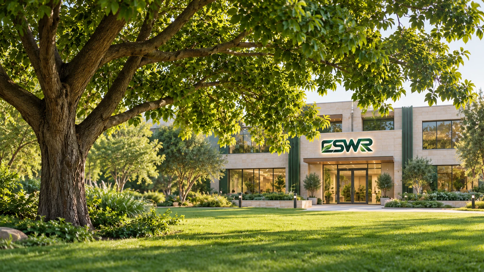 تصور لمدخل مبنى ESWR ومساحة خضراء